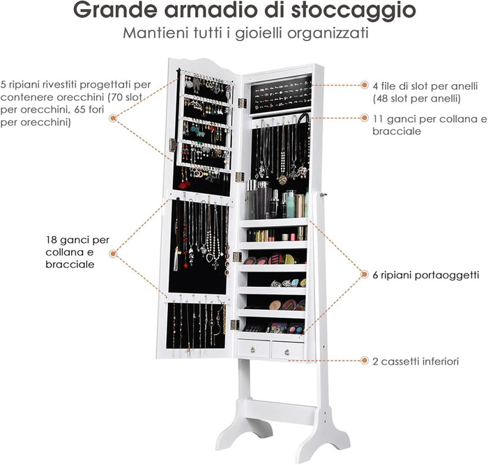 Armadietto Portagioie Specchiera per Gioielli con Chiave e Luci LED, Specchio Figura Intera da Terra, 160x41,5x37cm (Bianco)