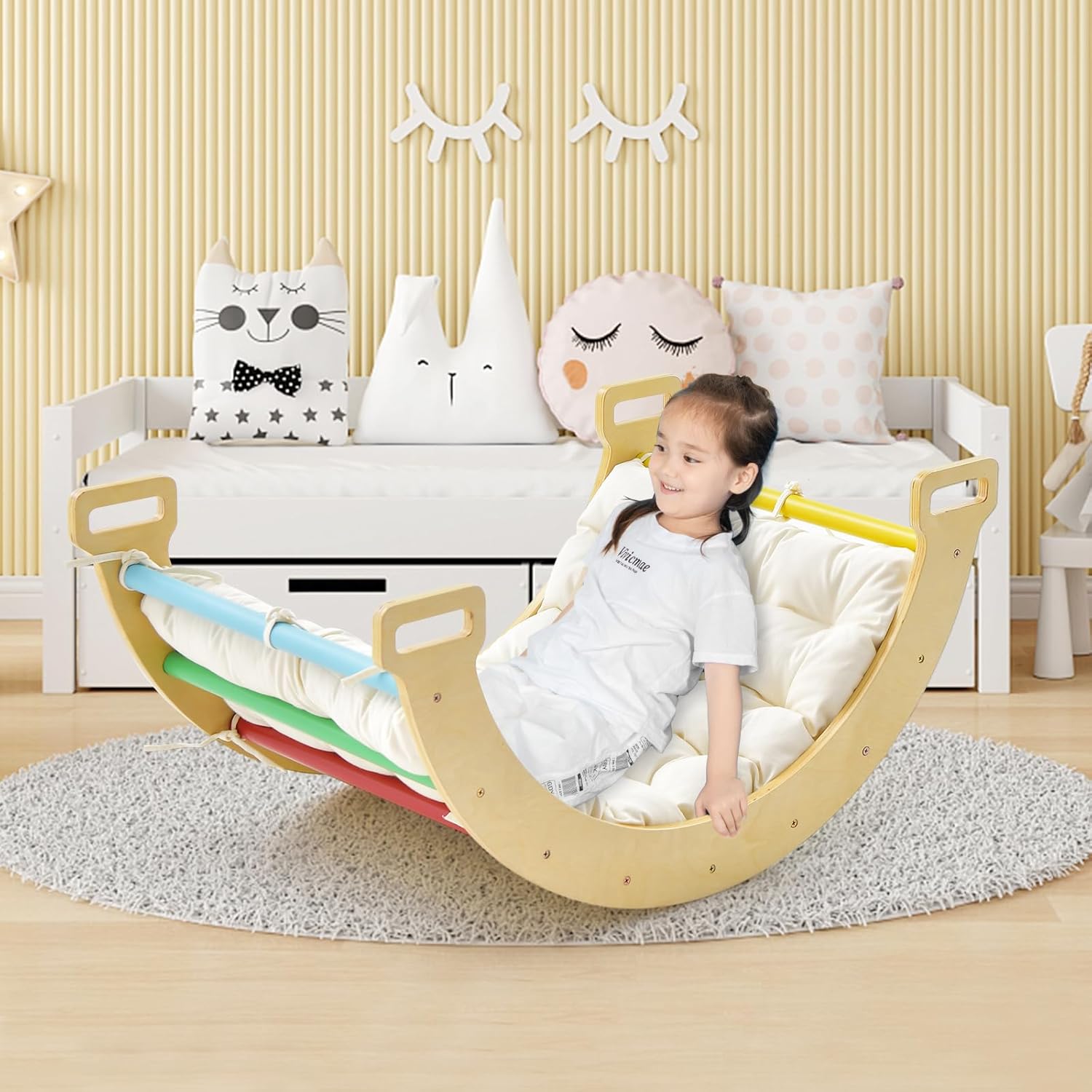 Arco da Arrampicata per Bambini, 2 in 1 Altalena ad Arco in Legno con Cuscino Morbido, Doppia Faccia, Ideale per Bambini 1+ Anni (Colorato)