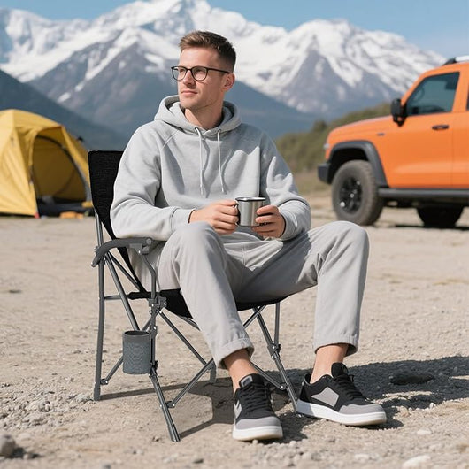 Sedia da Campeggio Portatile, Sedia da Esterno Pieghevole in Tessuto Oxford con Porta Bicchiere e Tasca Laterale, Seduta in Metallo Resistente con Sacca di Trasporto, Portata 160 kg (Nero,1)