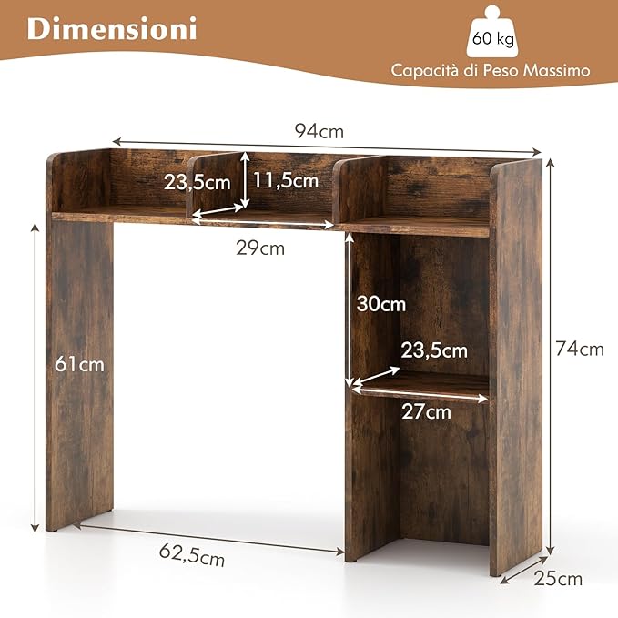 Scaffale da Scrivania in Legno, Libreria da Tavolo Salvaspazio con 4 Ripiani e Scomparto Aperto, Scaffale Espositivo per Computer, Casa Ufficio, 94x25x74 cm (Marrone)