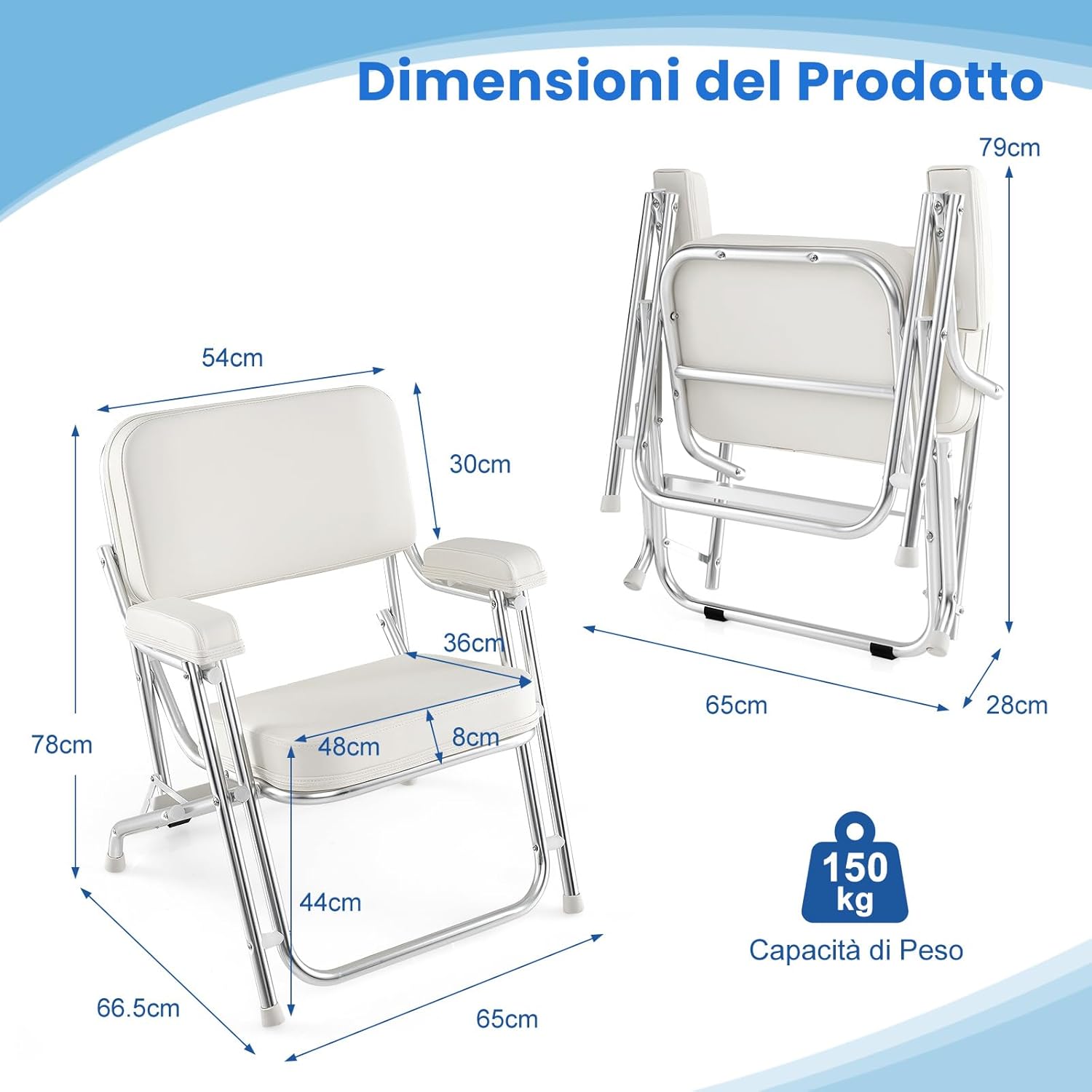 Sedia da Barca Pighevole, Sedia da Spiaggia in Alluminio con Seduta Imbottita, Poltrona Portatile per Esterni, Piedini Antiscivolo, Sedia da Campeggio Portata 150 kg