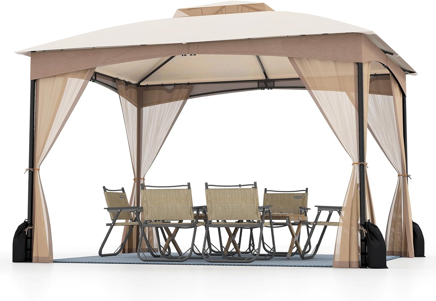 Gazebo da Giardino 3 x 3,6 m, Gazebo con Zanzariera a Doppia Copertura con Sacchetti di Sabbia e Picchetti a Terra, Tenda Impermeabile con Struttura in Metallo per Prato (Kaki)