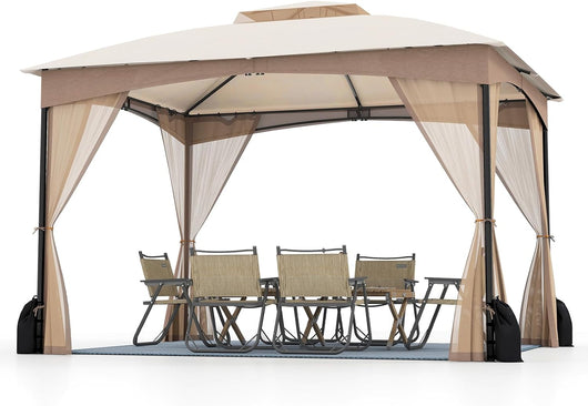 Gazebo da Giardino 3 x 3,6 m, Gazebo con Zanzariera a Doppia Copertura con Sacchetti di Sabbia e Picchetti a Terra, Tenda Impermeabile con Struttura in Metallo per Prato (Kaki)