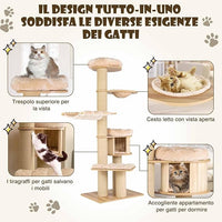 Albero Tiragraffi per Gatti Alto 191 cm, Tiragraffi per Gatti Multistrato con Nicchia in Legno, Trespolo Spazioso, Amaca, Nido, Pali, Tiragraffi e Materassini Lavabili