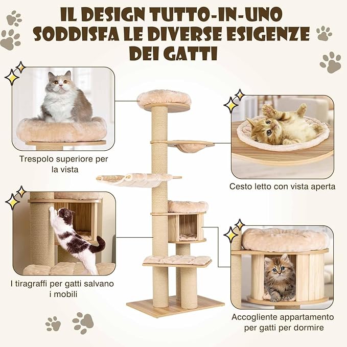 Albero Tiragraffi per Gatti Alto 191 cm, Tiragraffi per Gatti Multistrato con Nicchia in Legno, Trespolo Spazioso, Amaca, Nido, Pali, Tiragraffi e Materassini Lavabili