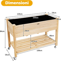 Letto da Giardino Rialzato, Fioriera da Esterno Alta con Ruote Bloccabili e Rivestimento Protettivo, Aiuola Rialzata per Orto, Fiori e Verdure da Cortile e Patio,120 x 59 x 84 cm