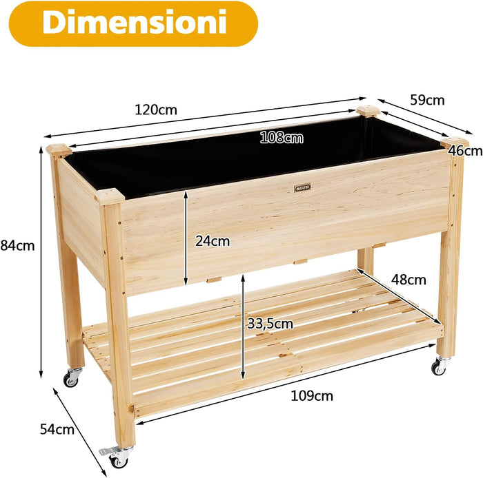 Letto da Giardino Rialzato, Fioriera da Esterno Alta con Ruote Bloccabili e Rivestimento Protettivo, Aiuola Rialzata per Orto, Fiori e Verdure da Cortile e Patio,120 x 59 x 84 cm