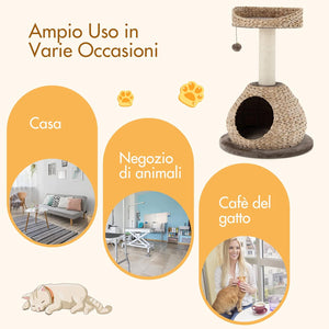 Tiragraffi per Gatti Piccoli, Tiragraffi Gatto con Cuccia, Piattaforma, Pallina e Palo Tiragraffi in Sisal Naturale, Albero Tiragraffi da Divano, Salotto e Camera da Letto, 48 x 48 x 70,5 cm