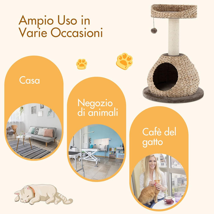 Tiragraffi per Gatti Piccoli, Tiragraffi Gatto con Cuccia, Piattaforma, Pallina e Palo Tiragraffi in Sisal Naturale, Albero Tiragraffi da Divano, Salotto e Camera da Letto, 48 x 48 x 70,5 cm