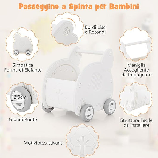 Girello per Bambini, Carrello a Spinta con Contenitore, Primi Passi con 4 Ruote, Maniglia e Spazio di Stoccaggio, per Bambini 3+Anni