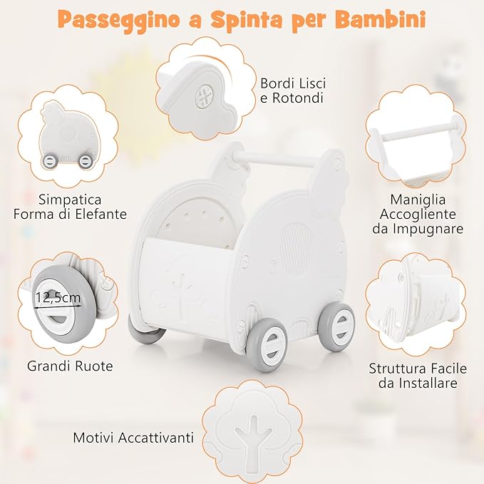 Girello per Bambini, Carrello a Spinta con Contenitore, Primi Passi con 4 Ruote, Maniglia e Spazio di Stoccaggio, per Bambini 3+Anni