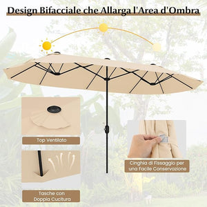 Ombrellone Doppio da Giardino 400 x 200 cm, Ombrellone Rettangolare con Base, Parasole Esterno con Manovella e 12 Stecche, per Giardino Piscina Patio