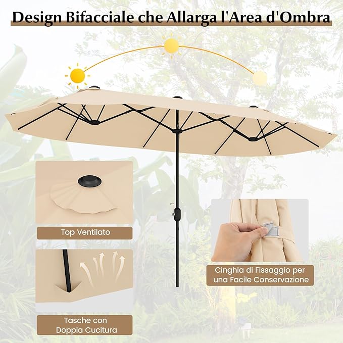 Ombrellone Doppio da Giardino 400 x 200 cm, Ombrellone Rettangolare con Base, Parasole Esterno con Manovella e 12 Stecche, per Giardino Piscina Patio