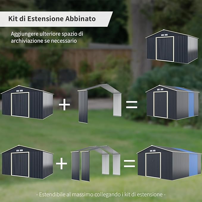 Casetta da Giardino Porta Attrezzi in Lamiera Acciaio Zincato, Capanno da Esterno con Tettoia, Sfilati e Ante Scorrevoli, Adatto a Cortile, Giardino e Fattoria (330 x 64 x 210 cm)