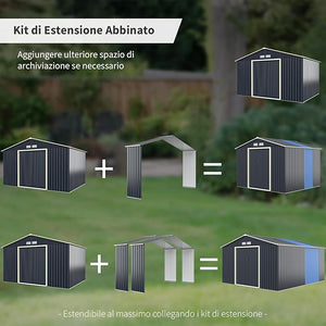 Casetta da Giardino Porta Attrezzi in Lamiera Acciaio Zincato, Capanno da Esterno con Tettoia, Sfilati e Ante Scorrevoli, Adatto a Cortile, Giardino e Fattoria (330 x 64 x 210 cm)