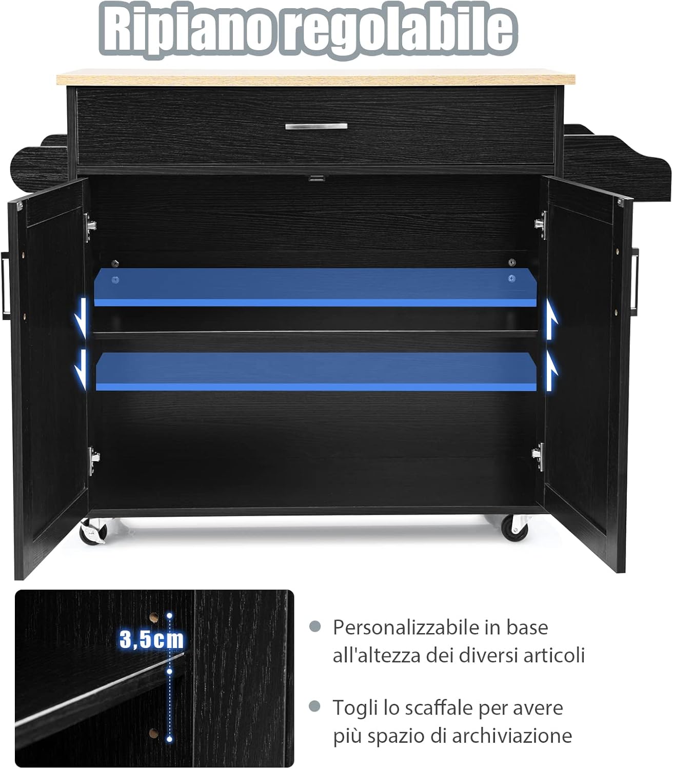 Carrello da Cucina con Ruote di Gomma, Scaffale per Microonde Carrello Servizio, Credenza Cucina Legno Moderno Elegante, 116 x 37 x 85 cm (Nero)