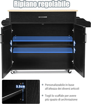 Carrello da Cucina con Ruote di Gomma, Scaffale per Microonde Carrello Servizio, Credenza Cucina Legno Moderno Elegante, 116 x 37 x 85 cm (Nero)