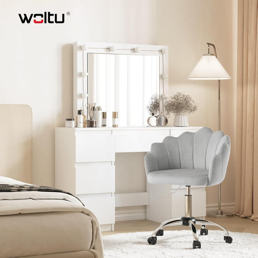 Sedia da Trucco con Schienale a Petalo, Sedia Ufficio con Braccioli e Rotelle, Poltroncina Girevole, Altura Regolabile, Velluto, Grigio Chiaro