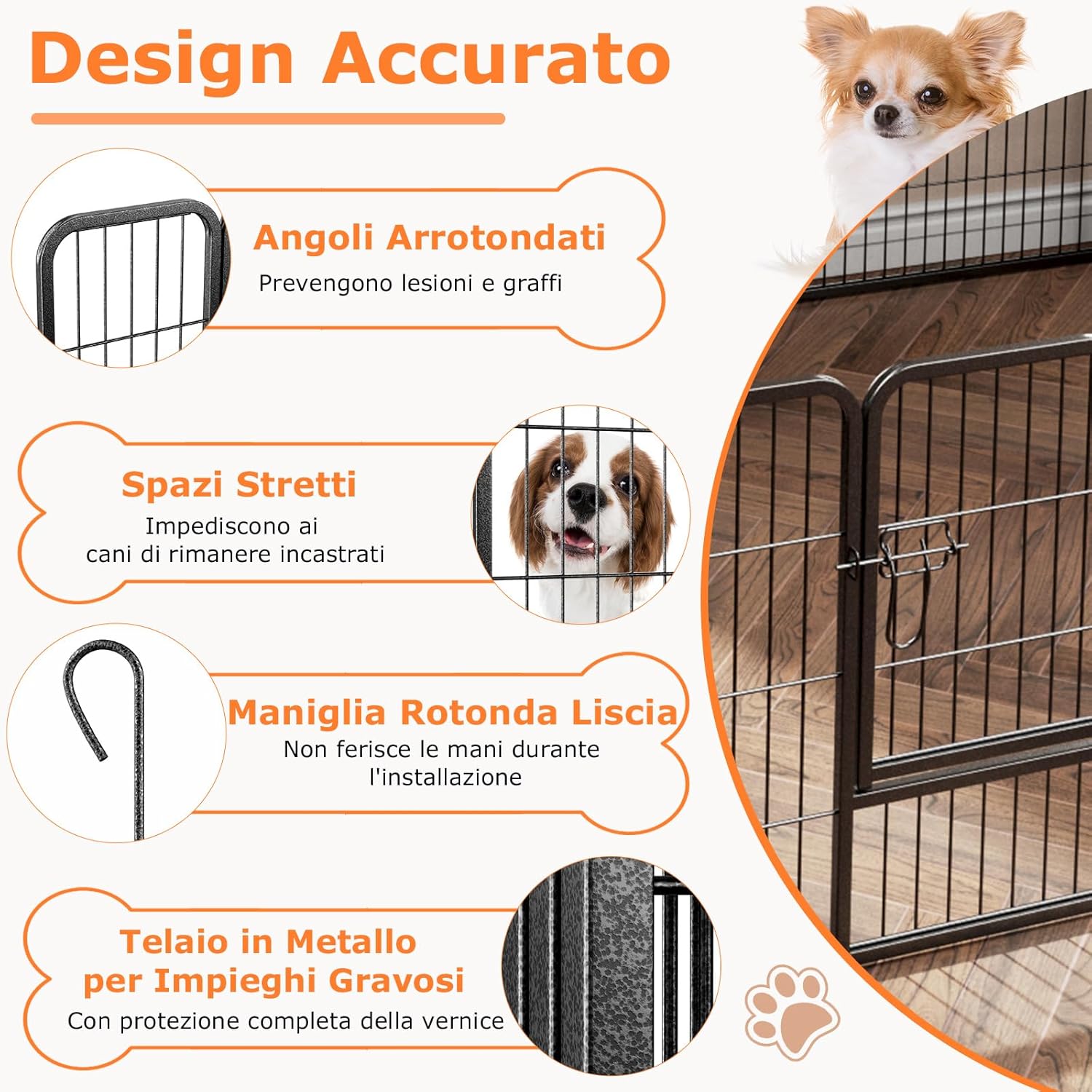 Recinto per Cani Interno ed Esterno, 8 Pannelli Altezza 60/80 CM Recinzione per Piccoli/Medi Animali/Coniglio/Gatto, Cancelletto Portatile Pieghevole con Porta (190 x 60 cm)