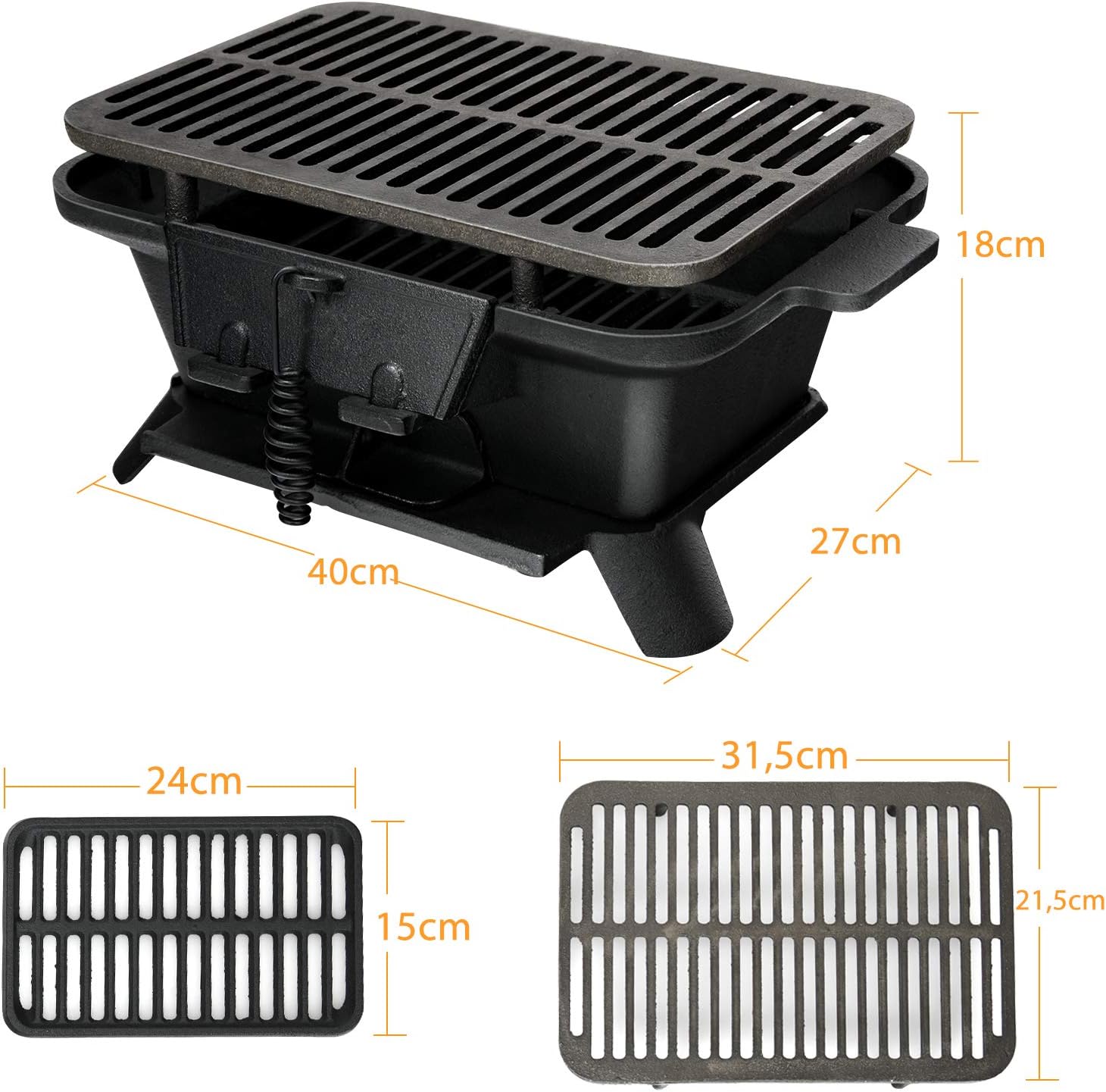 Barbecue Griglia a Carbone, Grill Barbecue Carbone Portatile, BBQ Grill in Ghisa, Ideale per Campeggio Picnic Feste, Nero