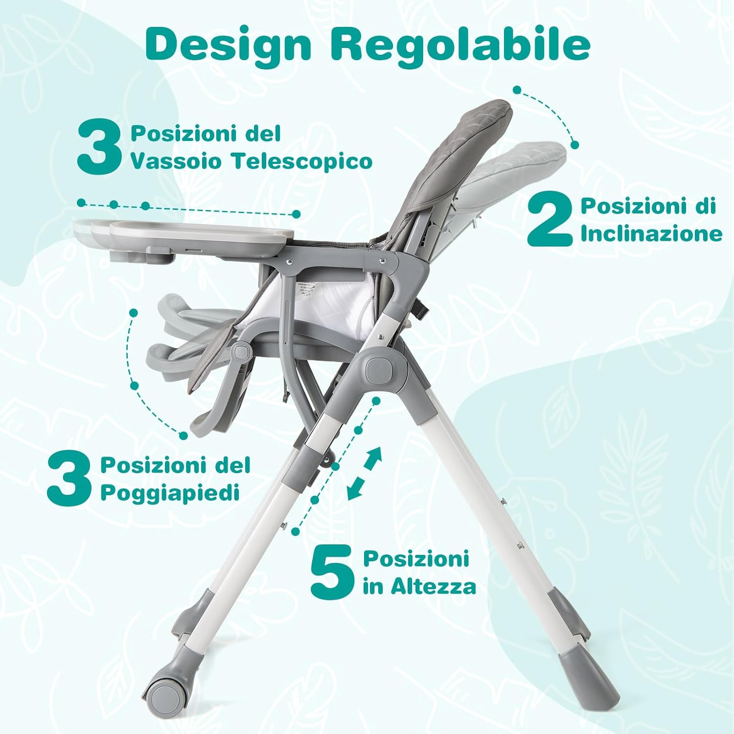 Seggiolone Pieghevole per Bambini, Portatile Regolabile con Poggiapiedi, Seggiolone con Vassoio Staccabile, Cuscino Sede in PU, Cintura di Sicurezzae Ruote Incorporate, Portata 15 kg (Grigio)