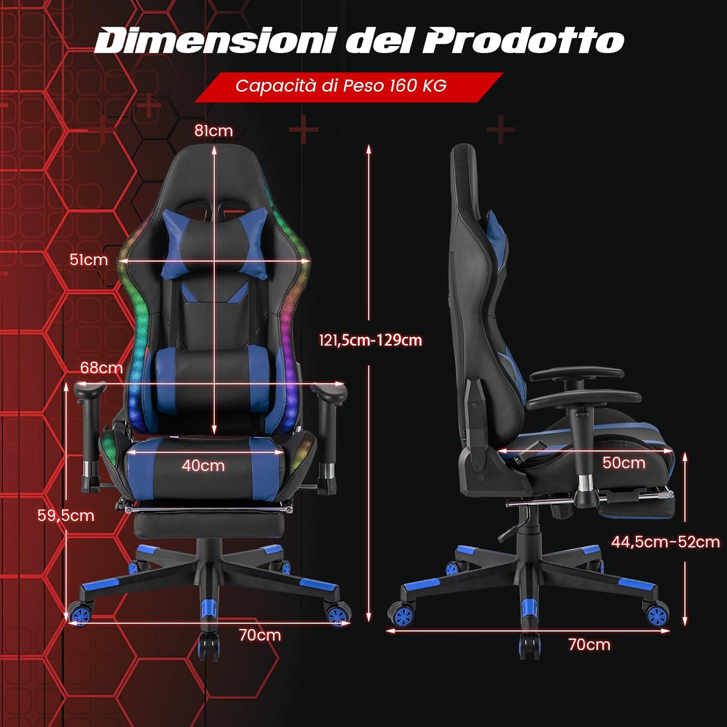 Sedia da Ufficio Ergonomica per Computer con Altezza Regolabile, Sedia da Gaming con Luci RGB LED, Schienale e Braccioli Regolabili, Poggiapiedi Estraibile e Supporto Lombare (Blu)