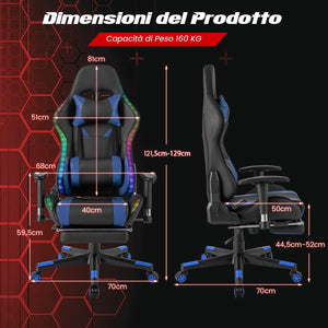 Sedia da Ufficio Ergonomica per Computer con Altezza Regolabile, Sedia da Gaming con Luci RGB LED, Schienale e Braccioli Regolabili, Poggiapiedi Estraibile e Supporto Lombare (Blu)