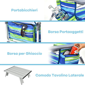 Set di Sedie da Spiaggia e Tavolino, Sedie da Esterno Reclinabili con Tavolino da Campeggio, Set di Tavolino in Alluminio e 2 Sedie Pieghevoli da Spiaggia a 5 Posizioni (Blu+Verde)