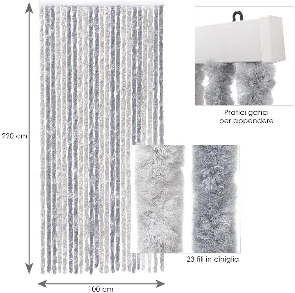 Tenda in Ciniglia 120x230 cm Porta Ingresso ProteggiSole Antimosche Lavabile Regolabile Argento