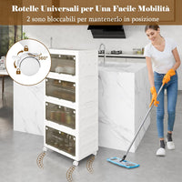 Comodino in Plastica Multipiano con Coperchio 168 L, Scatole Impilabili con 4 Ruote e Freni, Contenitori di Stoccaggio Pieghevole, per Soggiorno, Camera da Letto e Bagno, Bianco (4 Ripiani)