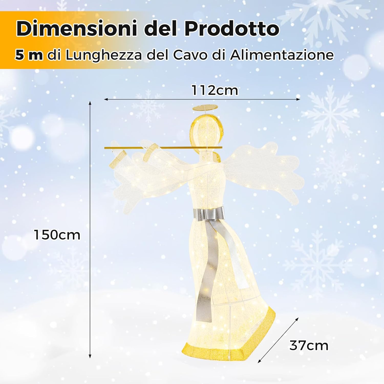 Angelo Natalizio Illuminato da Esterno, Decorazione Natalizia con 100 Luci LED, 4 Picchetti da Terra e 10 Fascette, per Giardino, Cortile e Prato