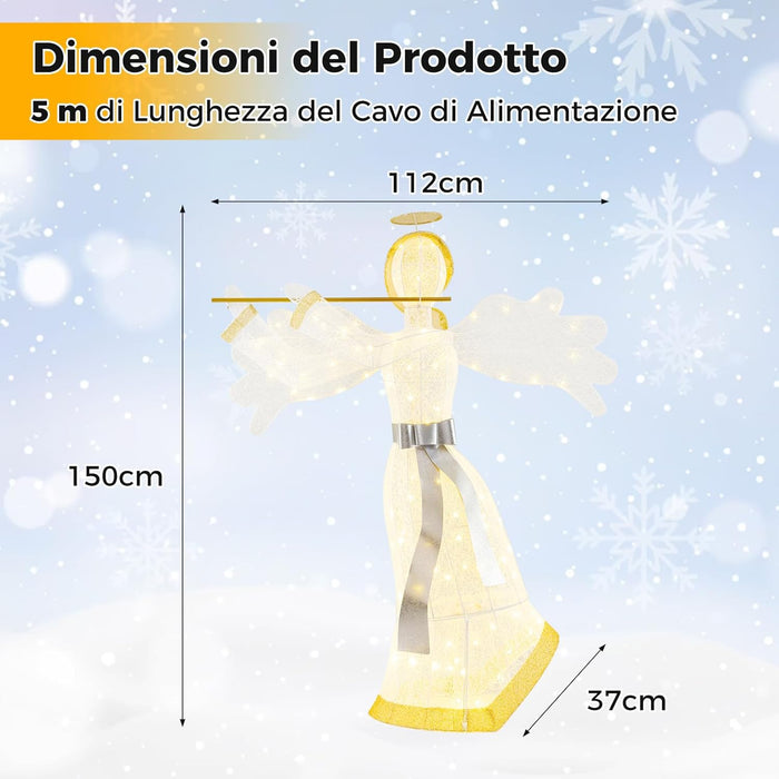 Angelo Natalizio Illuminato da Esterno, Decorazione Natalizia con 100 Luci LED, 4 Picchetti da Terra e 10 Fascette, per Giardino, Cortile e Prato