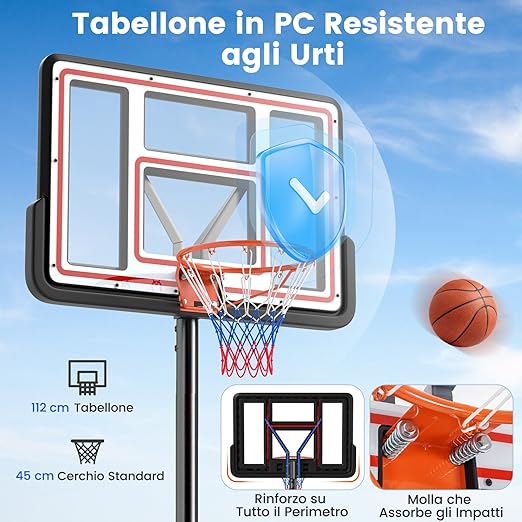Canestro da Basket Regolabile 225-305 cm in Altezza per Bambini ed Adulti, Canestro con Piantana a Ruote e Manovella, Canestro con Base Riempibile per Interno ed Esterno, Nero