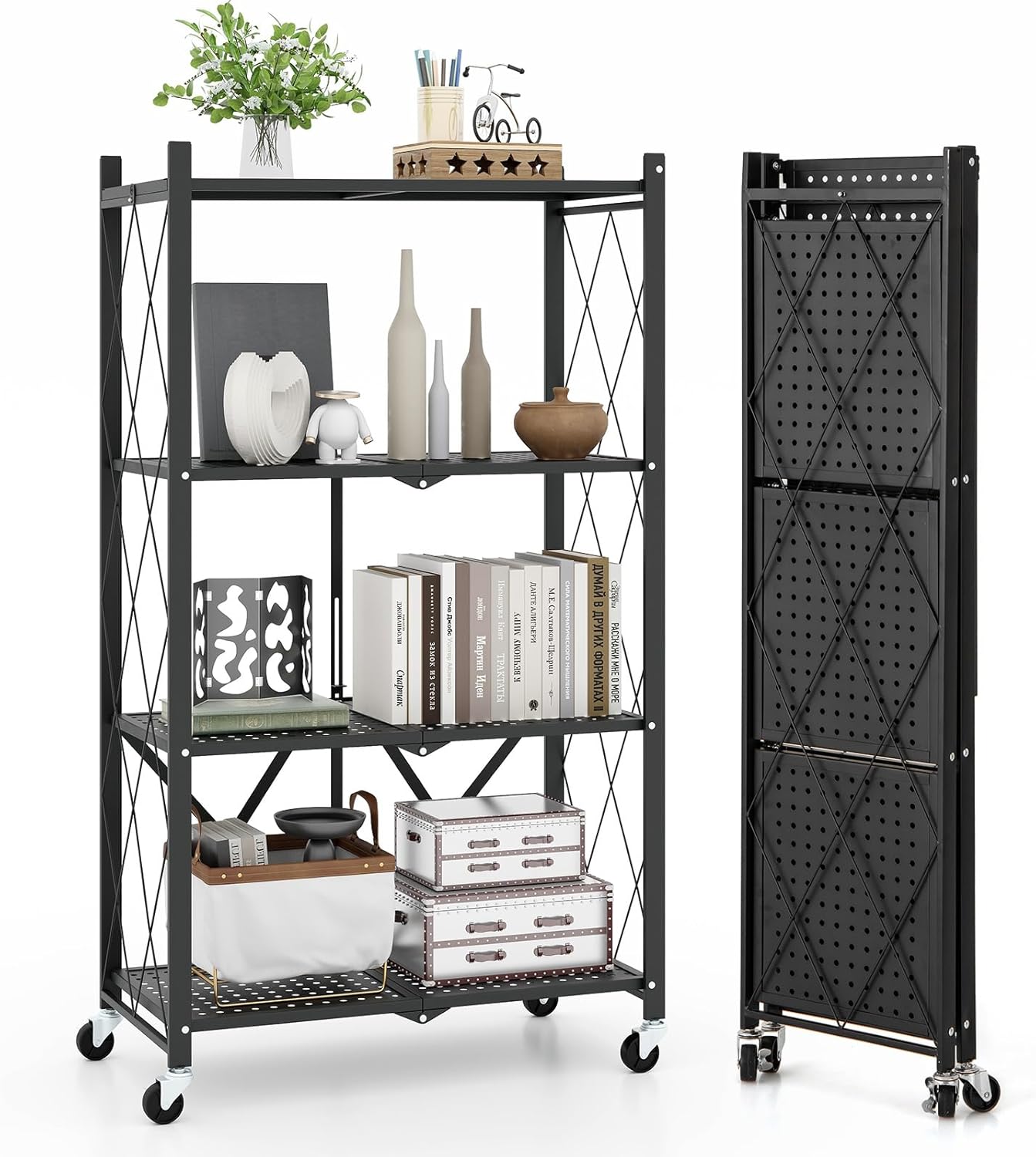 Scaffale di Stoccaggio Pieghevole a 4 Livelli, Carrello di Stoccaggio con Ruote Bloccabili, Unità di Ripiano in Metallo Robusta per Cucina Soggiorno Garage, 71x34x126 cm