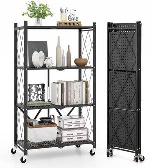 Scaffale di Stoccaggio Pieghevole a 4 Livelli, Carrello di Stoccaggio con Ruote Bloccabili, Unità di Ripiano in Metallo Robusta per Cucina Soggiorno Garage, 71x34x126 cm