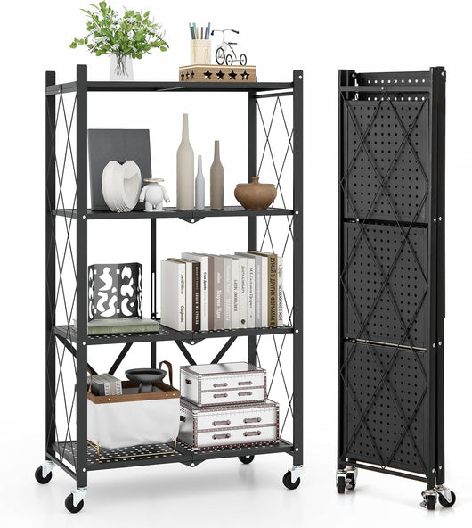 Scaffale di Stoccaggio Pieghevole a 4 Livelli, Carrello di Stoccaggio con Ruote Bloccabili, Unità di Ripiano in Metallo Robusta per Cucina Soggiorno Garage, 71x34x126 cm