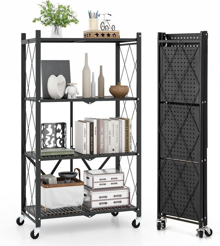 Scaffale di Stoccaggio Pieghevole a 4 Livelli, Carrello di Stoccaggio con Ruote Bloccabili, Unità di Ripiano in Metallo Robusta per Cucina Soggiorno Garage, 71x34x126 cm