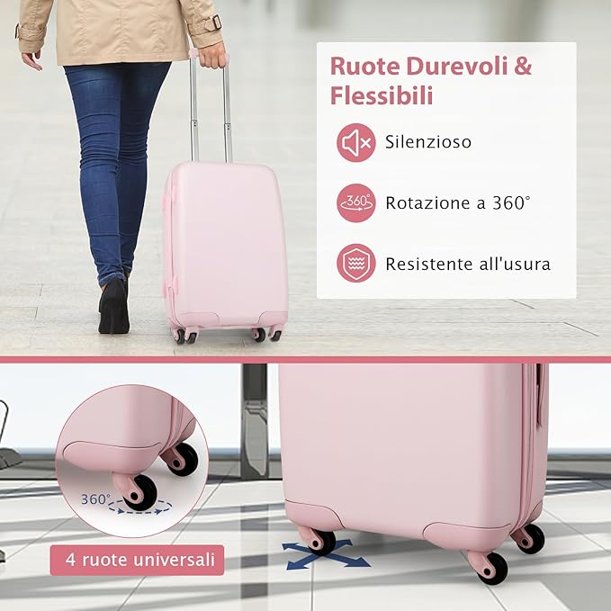 Valigia da Viaggio con Ruote Girevoli, Valigia Trolley con Manico Regolabile in Altezza, Guscio Rigido in PC, 38 x 22 x 57 cm (Rosa)