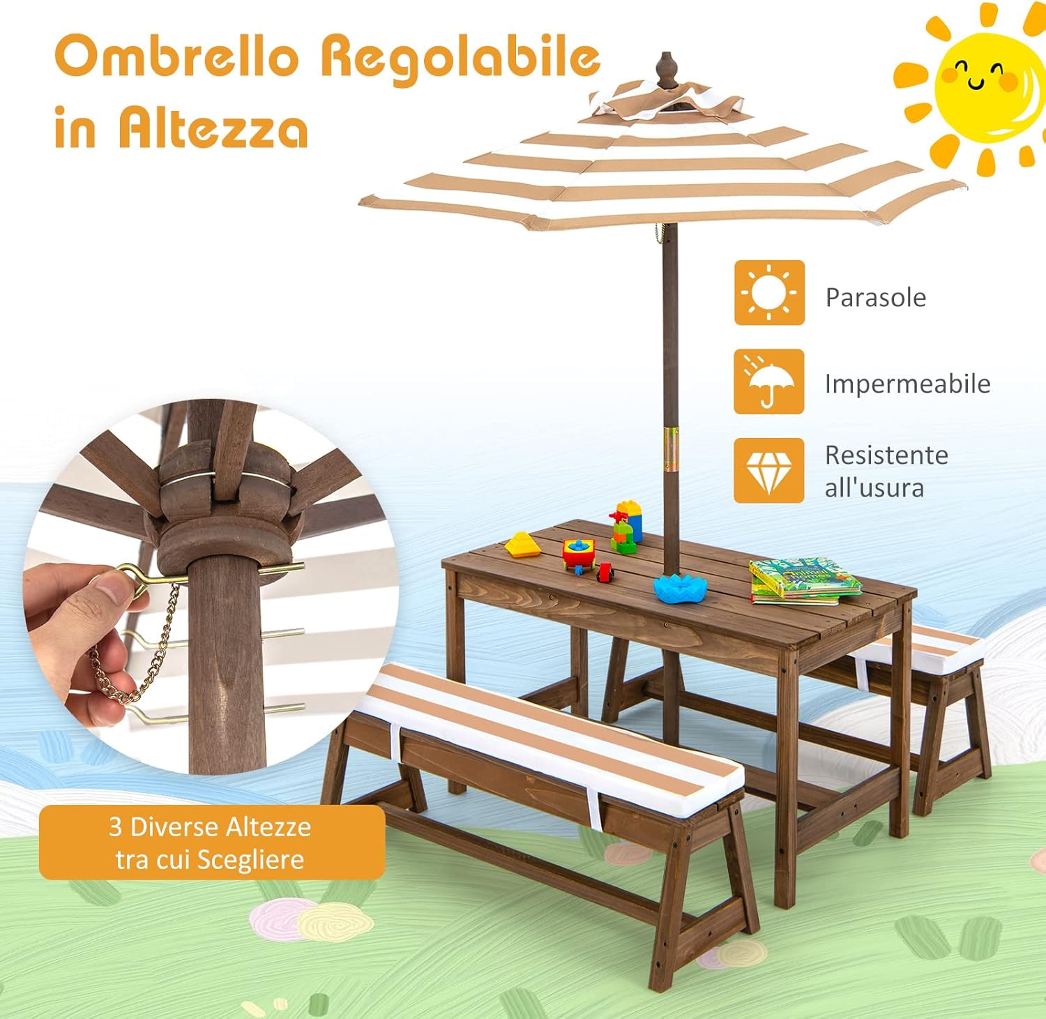 Tavolo da Picnic per Bambini con Parasole Pieghevole, Set di Tavolo e Panca in Legno con Cuscini, per Giardino, Cortile, Patio (Marrone)