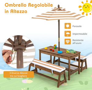 Tavolo da Picnic per Bambini con Parasole Pieghevole, Set di Tavolo e Panca in Legno con Cuscini, per Giardino, Cortile, Patio (Marrone)