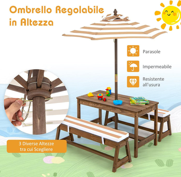 Tavolo da Picnic per Bambini con Parasole Pieghevole, Set di Tavolo e Panca in Legno con Cuscini, per Giardino, Cortile, Patio (Marrone)