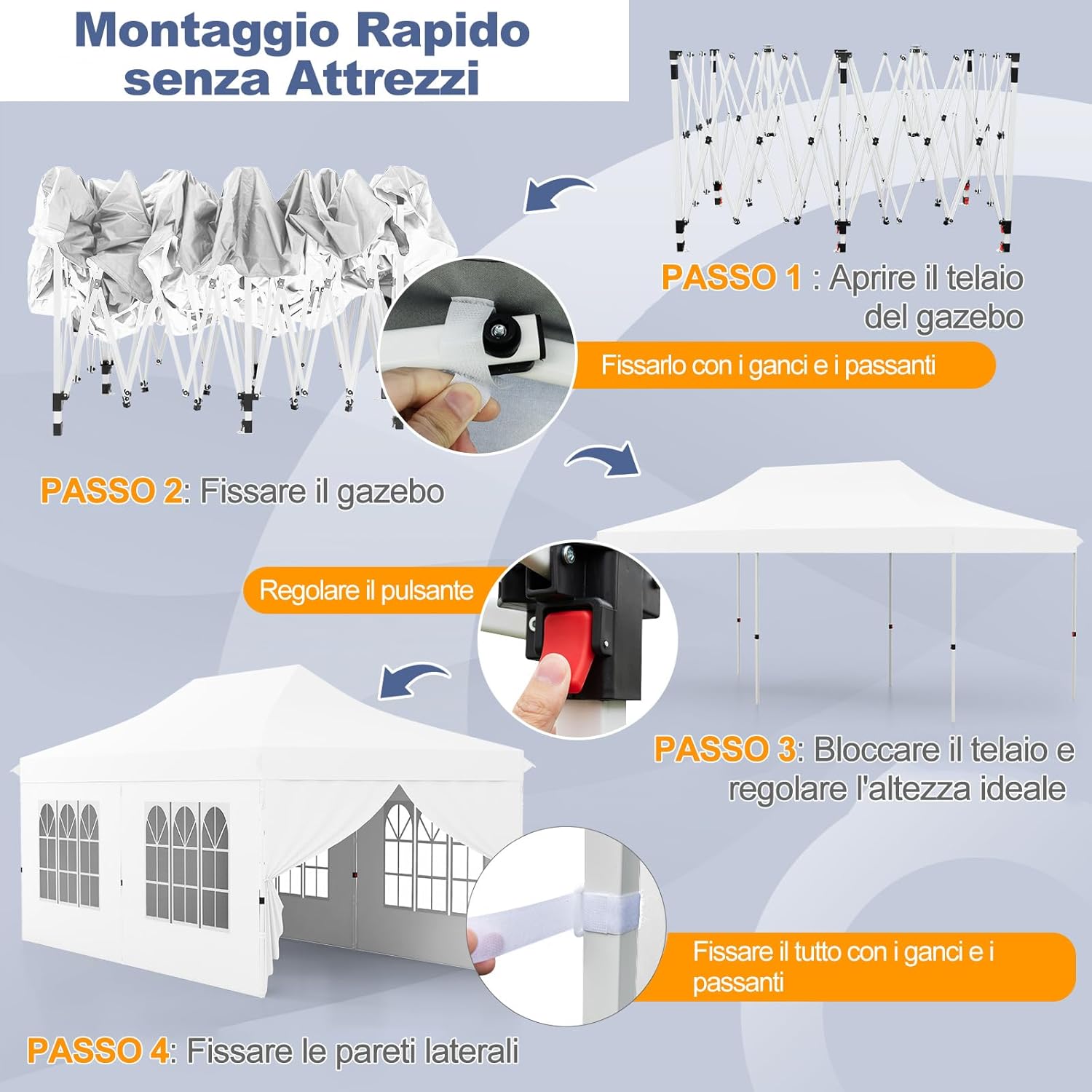 Gazebo da Giardino 3 x 6 m, Tendone per Feste con 6 Pannelli Laterali Rimovibili, con Borsa da Trasporto, Design Pop-up, per Matrimonio Eventi e Barbecue (Bianco)