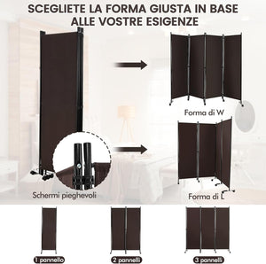 Separé Divisorio Interno 3/4/6 Ante, Paravento da Esterno ed Interno con Piedini, Pannelli Divisori per Ufficio, Salotto e Camera da Letto, Marrone, 225 x 173 cm, 4 Pannelli con ruote