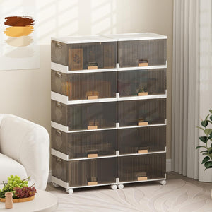 Scatole Immagazzinaggio Impilabili e Pieghevole con Ruote, Contenitore a 5 Ripiani con Coperchi, Organizzatori Trasparente, per Camera da Letto e Soggiorno, Bianco (37,5 x 27,5 x 101,5 cm)