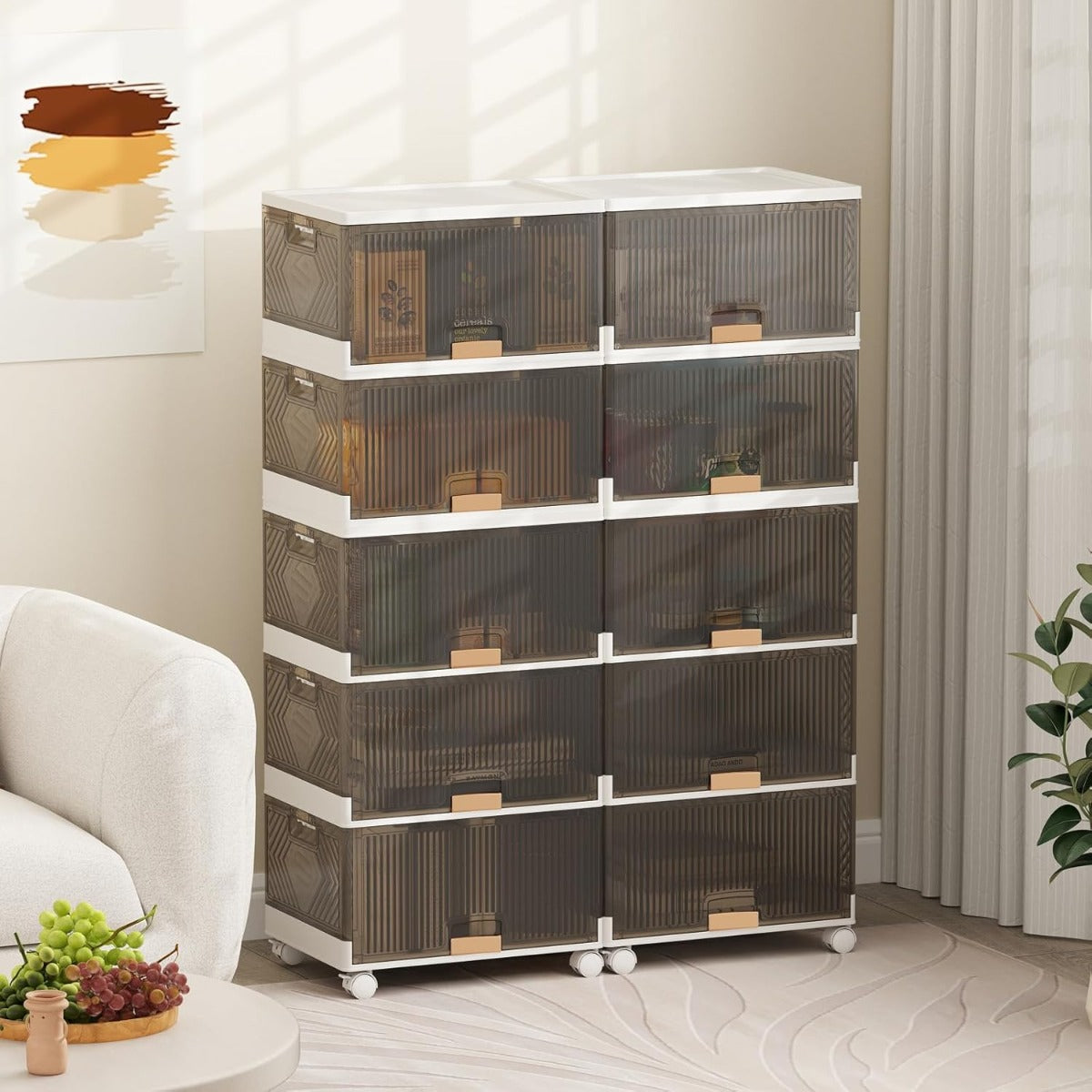 Grande organizer per casa con porte scorrevoli, Scatole pieghevoli per scarpe con ruote staccabili Bianco-Cassettiere