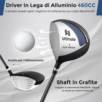 Set Completo di Mazze da Golf per Mancini da Uomo, Borsa Portatile con Supporto e Cappuccio Antipioggia, Include Driver 1 da 460CC, Fairway 3, Ibrido 4, Ferri 6, 7, 8, 9, P e Putter (Blu)