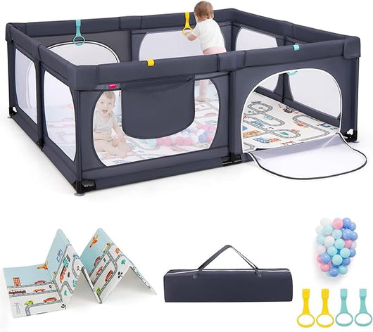 Box per Bambini con Materassino, Recinto per Bambini 189 x 158 cm con 4 Anelli e 50 Palline Colorate, Rete Traspirante, Tasca e Borsa, Box Giochi per Bambino 0-3 Anni (Grigio Scuro)