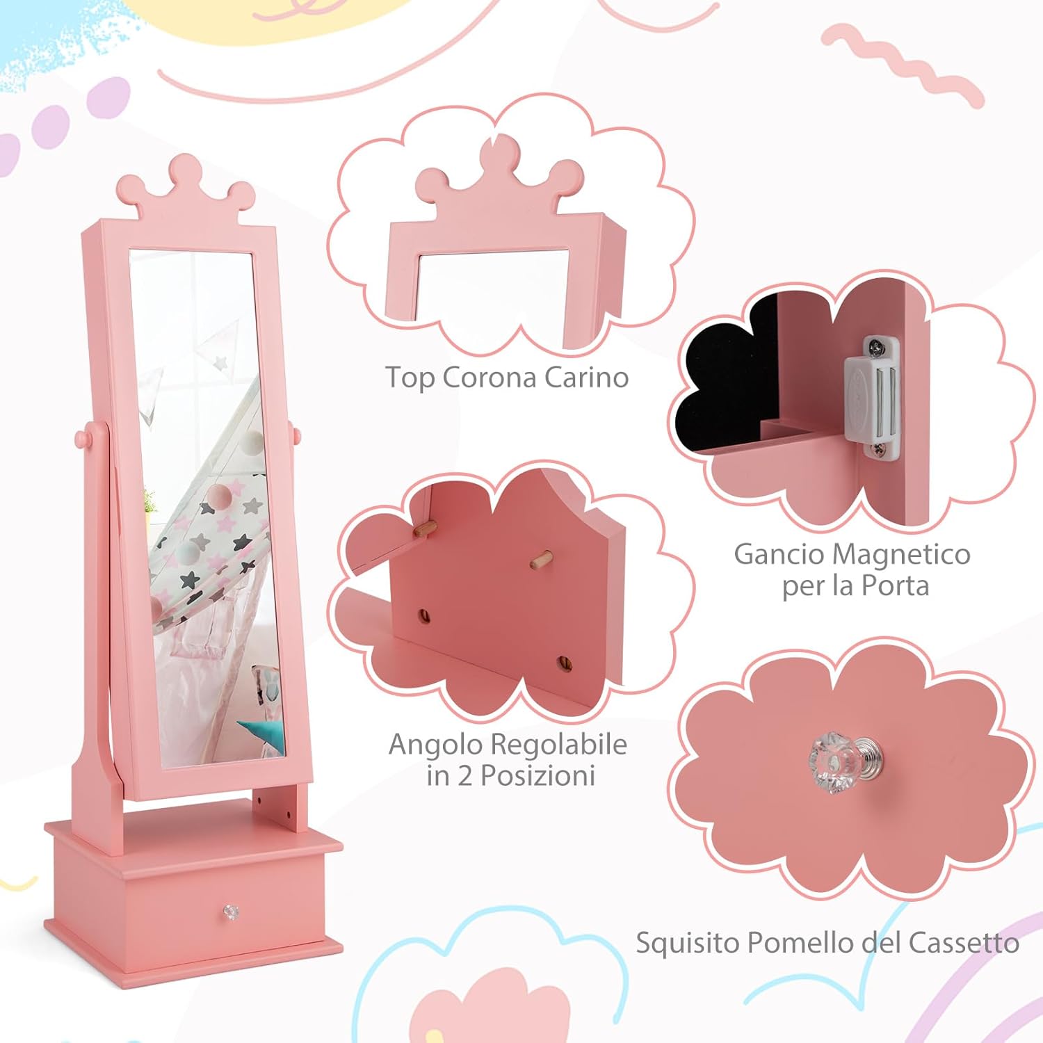 Armadio Gioielli per Bambini con Specchio, Armadietto Portagioie da Terra per Bambini con 3 Cassetti, per Bambini 3+ Anni, Ideale per Camera da Letto