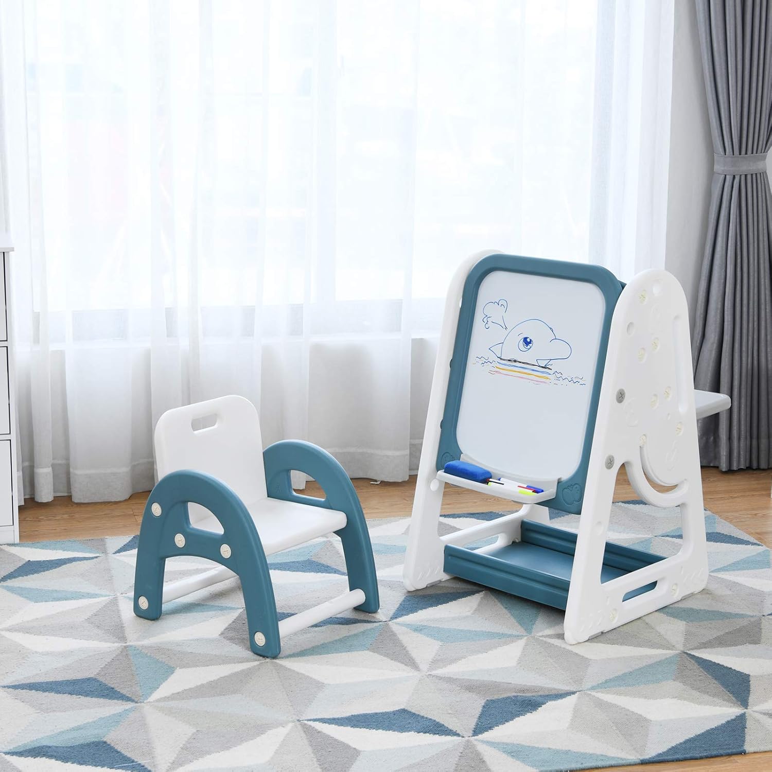 Cavalletto per Dipingere 2 in 1 Multifunzione per Bambini Altezza Regolabile, Libreria Bambini Lavagna Doppia Faccia , con Sedia e Accessori (Blu)