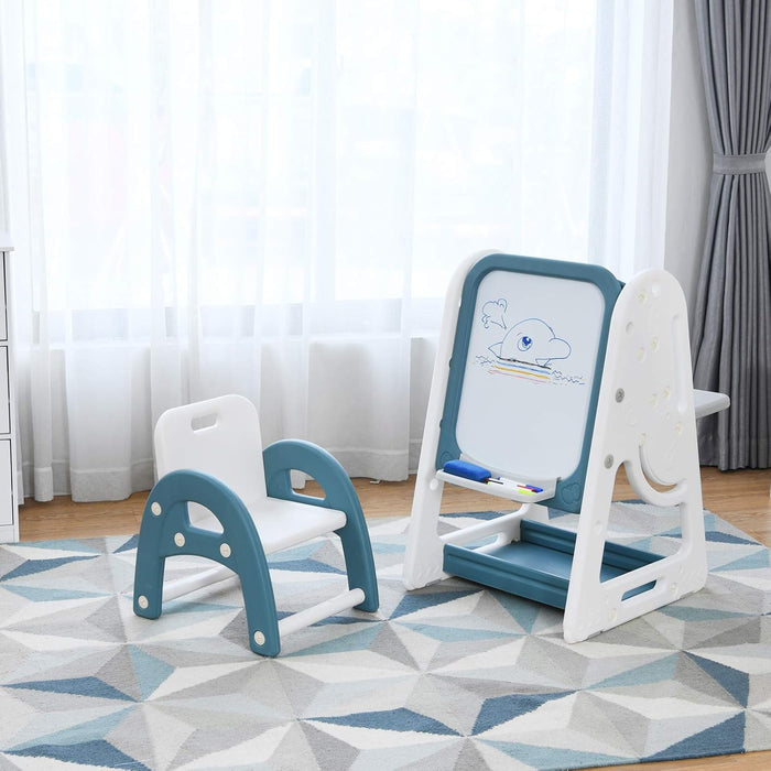 Cavalletto per Dipingere 2 in 1 Multifunzione per Bambini Altezza Regolabile, Libreria Bambini Lavagna Doppia Faccia , con Sedia e Accessori (Blu)